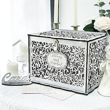 OurWarm Silver Wedding Card Box with Lock Wooden Gift Card Box for wedding decorations for reception wedding card boxes for reception Bridal Shower Decorations Party Reception Anniversary