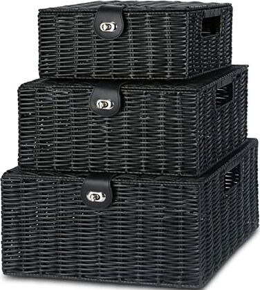 Honygebia Black Wicker Storage Baskets Set of 3 Decorative Nesting Boxes with Lids Woven Basket with Lock Handle Organizer for Beauty Makeup Bathroom Decor