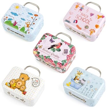 Framendino 5 Pack Mini Suitcases Boxes Small Cartoon Tin Plate Gift Box Rectangular Coin Container Handbag with Handle for Party Wedding Decorations Style C