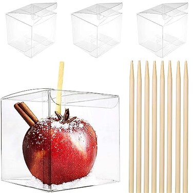 LOKQING 20 Pack 4x 4 x 4 Clear Candy Apple Boxes with Hole and Sticks Set Food Grade Plastic Clear Caramel Apple Containers Chocolate Covered Apples Packaging Party Favor Gift Goxes