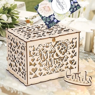 Youeon Upgraded Wooden Wedding Card Box with Lock Key Gift Card Holder for Reception Natural Hollow Heart Money Box with Card Sign for Wedding