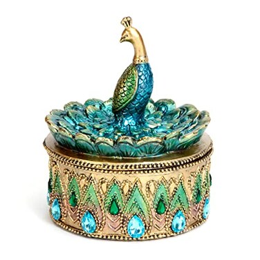 Bits and Pieces Peacock Jewelry Box for Women Small Keepsake Box with Peacock Figurine Lid Decorative Boxes for Home Decor