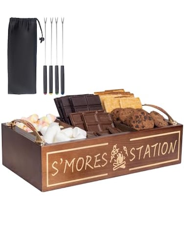 Extguds SMores Station with Cutout HandlesSets1 Smores Caddy4 Roasting Sticksfor Fire PitPerfect for Party Outdoor Camping and BonfiresWoodenRustic Brown