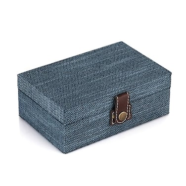 Hipiwe Treasure Chest Jewelry Box Wooden Decorative Box with Clasp Linen Covered Memento Case Box Rectangular Keepsake Box Photos Storage Organizer Home DecorBlue