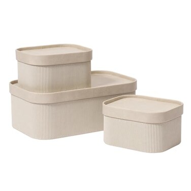 La Jolie Maison Fluted Cardboard Storage Baskets with LeatherLike Lids Sturdy Stackable Paper Boxes Decorative TraySet of 3 Ivory