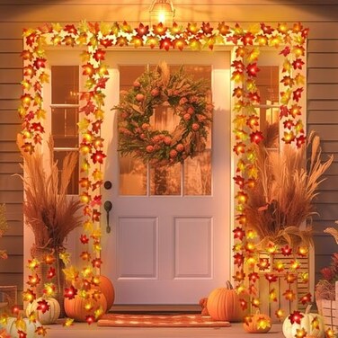Runleo 4 Pack Fall Decorations Maple Leaf Lights Garland Total 40Ft 80LED Lights Battery Operated Fall Leaves Garland with Light Autumn Harvest String Light Home Indoor Outdoor Thanksgiving Decor