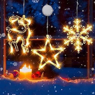 LHYLDS 3Pcs Christmas Window Lights Christmas Window Decorations Battery Powered Hanging Xmas Lights Snowflake Star Elk Shaped with Suction Cup for XmasNew YearBalconyPartyIndoor Outdoor Decor