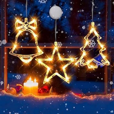 LHYLDS 3Pcs Christmas Window Lights Christmas Decorations Lights Battery Powered Hanging Indoor String Lights Xmas Tree Jingle Bell Star Shaped with Suction Cup for Xmas New Year PartyIndoor Decor