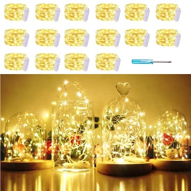 SunKite 16 Packs 20 LED Fairy String Lights Battery Operated Waterproof 66 Feet Silver Copper Wire Firefly Starry Moon Lights for DIY Costume Wedding Party Bedroom Table Decor Warm White