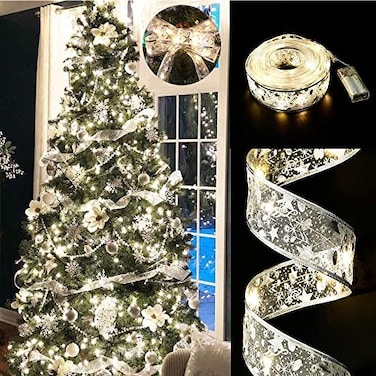 GIHOO Christmas Tree Decorations String Lights 32ft 100 LED Lights Copper Wire Ribbon Bows Lights for Party Weddings Holiday Christmas Tree Decorations Silvery Warm Light Battery Powered