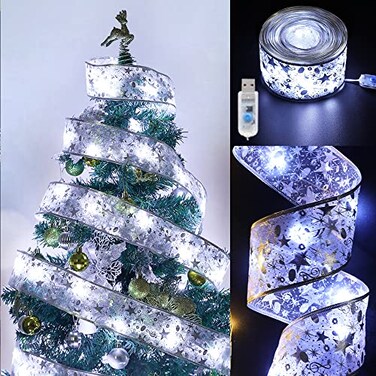 GIHOO Christmas Tree Decorations String Lights 32ft 100 LED Lights Copper Wire Ribbon Bows Lights for Party Weddings Holiday Christmas Tree Decorations Width 5cm Silvery Cold Light