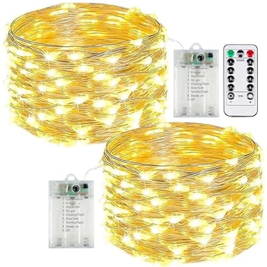 EXF 2Pack 50 LED Fairy Lights Battery Operated with Remote Control Timer 16 FT 50 LED Battery Lights Outdoor Indoor 8 Mode Twinkle String Lights for Classroom Party Bedroom Christmas Dcor Warm White