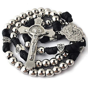 HanlinCC 10mm Stainless Steel Beads Large and Heavy Rugged Durable Paracord Rosary for Men with StMichael Center Piece and StBenedict Crucifix Stainless Steel crucifix