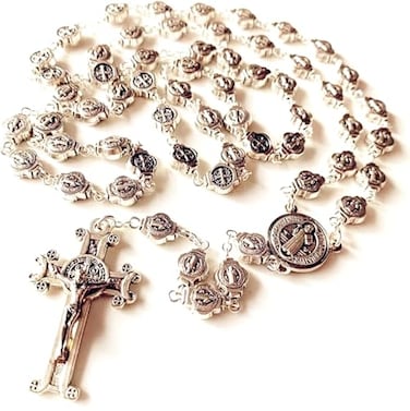 elegantmedical HANDMADE Saint StBenedict Rosary Crucifix Cross Silver Plated beads Catholic necklace gift box Saint StBenedict