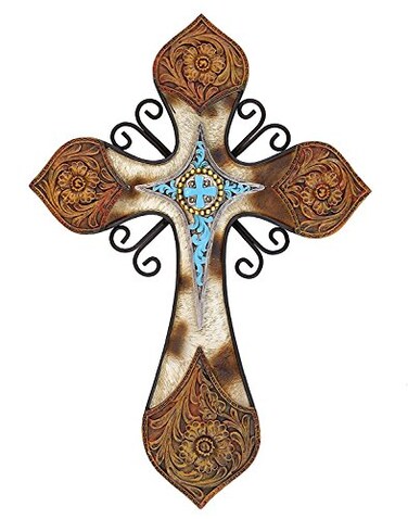 Cross Cowhide Tooled Leather with Turquoise Layer in Resin and Metal Combination