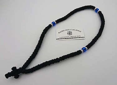 Mastic of Chios Blessed Handmade 100 Knots Prayer Rope Greek Russian Komboskoini Christian Orthodox Black with Blue Beads and Black Cross from Mt Athos
