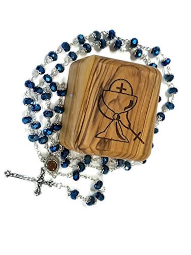 LION OF JUDAH MARKET Olive Wood First Communion Jewelry Box with Rosary Deep Blue Glass