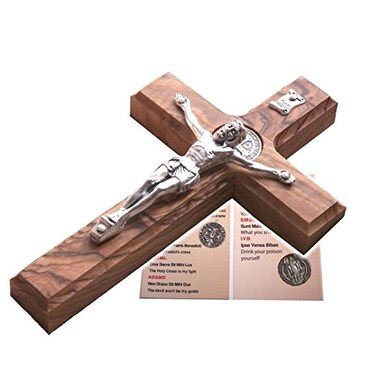 Holy Land Market Saint Benedict Wall Crucifix Handmade Olive Wood Cross Silver Tone Corpus Catholic Home Decor 12 Inches