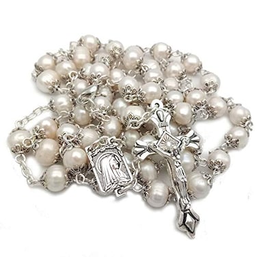 Jirehjill Rosary Beads Catholic for Woman White Natural Real Pearl Rosary Beads