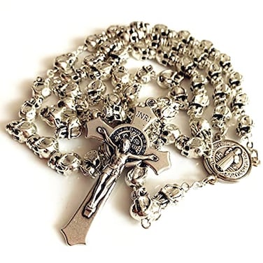 elegantmedical Handmade Catholic Saint StBenedict Rosary Crucifix Cross Silver skull beads Catholic necklace Gift Box