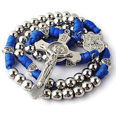 HanlinCC 10mm Stainless Steel Beads Large and Heavy Rugged Durable Paracord Rosary for Men with StMichael Center Piece and StBenedict Crucifix Blue