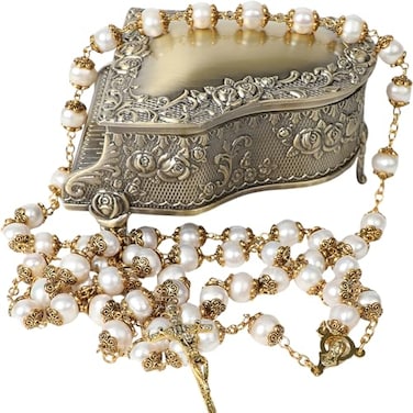 Jirehjill Rosary Beads Catholic for Woman 89mm AAA Freshwater White Natural Real Pearl Rosary Beads