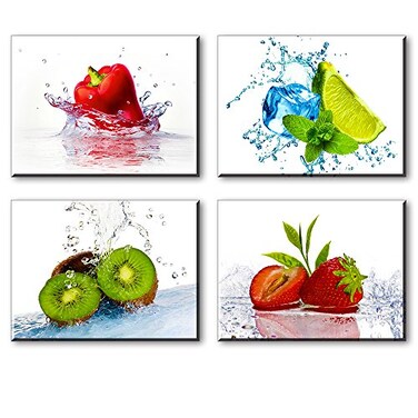 TEKMENT Fruit Wall Art for Kitchen SZ 4 Piece Set Vivid Fruits and Ice Picture Home Decor Cool Summer Canvas Prints in Dining Room Waterproof Artwork Bracket Mounted Ready Hanging 1