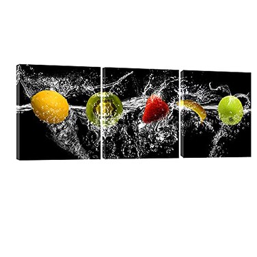 Pyradecor Dancing Fruit Large Modern Landscape Artwork 3 Piece Gallery Wrapped Giclee Canvas Prints Black Pictures Paintings on Canvas Wall Art for Living Room Kitchen Home Decorations L