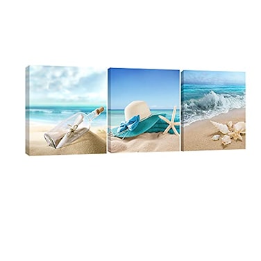 Pyradecor 3 Panels Starfish Seashell Bottle Beach Pictures on Canvas Wall Art Modern Seascape Stretched Canvas Prints Seaview Landscape Artwork for Bedroom Home Office Decorations