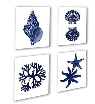 Gnosis Picture Archive Navy Blue Beach Wall Art Decor Set of 4 Unframed Prints Coastal Home Decor