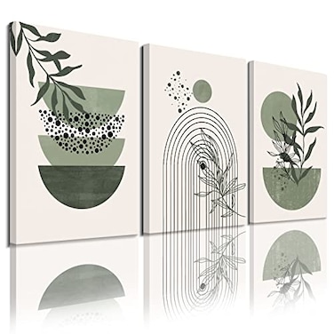 YongArt Sage Green Wall Posters Prints Green Boho Wall Art Set of 3 Minimalist Framed Wall Art Geometric Line Leaf Sun Moon Beige Green Canvas Artwork Paintings