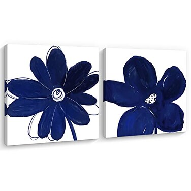 Creoate Navy Blue Canvas Wall Art for Bathroom Abstract Flower Painting Print Artwork 2 Pieces Blue and White Wall Decor for Bedroom 12x12 Inch
