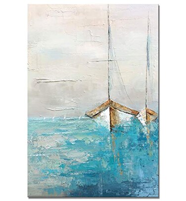 Yihui Arts Hand Painted Textured Nautical Sailboat Canvas Art with Gold Foil Accents