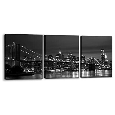 Pacimo New York Brooklyn Bridge Canvas Wall Art 3 Panels Night View Modern Landscape Artwork Cityscape Pictures Prints on Canvas Wall Decor for Home Office Decoration 12 x 16 inch x 3
