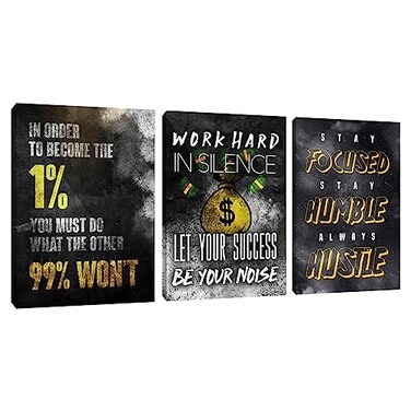 Unbruvo 3 Piece Black Wall Art Modern Motivational Quotes Wall Art Canvas Art Inspiring Entrepreneur Hustle Poster Prints Wall Decor Office Wall Decorations Framed Posters for Office36Wx 16H