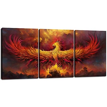 Yetaryy Fire Phoenix Wall Art Prints Volcanic Burning Phoenix Birds Canvas Picture Posters Prints Artwork 3 Piece Home Office Living Room Bedroom Decor Framed Ready to Hang 36 W x 16 H