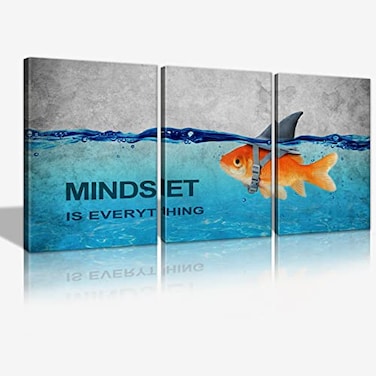 KAWAHONE 3 Panels Modern Framed Inspirational Quote Canvas Wall ArtMindset is Everything Goldfish Strong Shark Motivational Posters Framed Bathroom Bedroom Office Decor Framed Ready to Hang