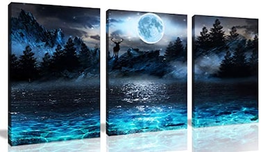 Aburaeart Moon Deer Ocean Landscape Picture Wall Art For Living Room Bedroom 3 Piece Canvas Wall Decor 16x24 Each Panel