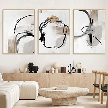 GADZRTIL Black Beige Grey Wall Art Abstract Geometric Artwork Minimalist Boho Pictures Black ink Lines Canvas Wall Art Neutral Abstract Painting Beige Boho Posters Modern Abstract Prints 16x24inch No