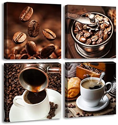 DJSYLIFE Kitchen Wall Art Coffee Decor Canvas Prints Coffee Cup Latte Mocha Cafe Drinking Pictures Brown 4 Panel Modern Artwork for Dining Room Restaurant Bar Decorations 12Wx12Hx4 Framed Ready to Han