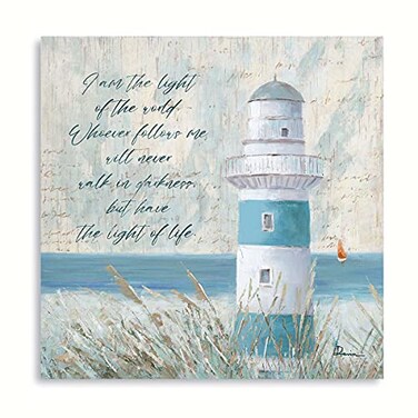 B BLINGBLING Nautical Lighthouse Bible Verses Wall Decor Aqua Canvas Print Pictures Beach Themed Bathroom Decorations Christian Scripture Wall Art with Inspirational Quotes Framed 12x12