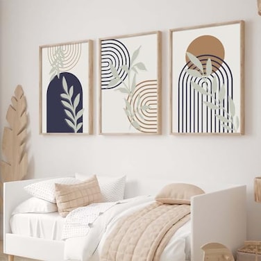 Ecyanlv Blue Boho Canvas Wall Art Minimalist Line Art Wall Decor Blue Geometric Picture Neutral Painting for Bedroom Decor Boho Canvas Print Posters Abstract Geometric Artwork 16x24inch Set of 3 Frame
