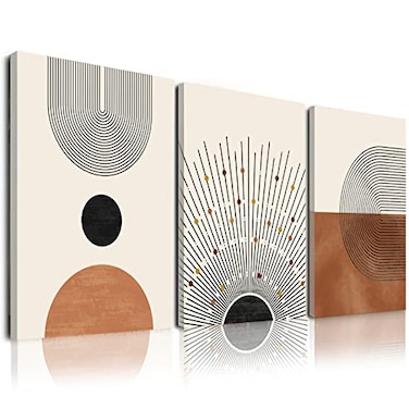 FAEKSUR Wall Art Set of 3 MidCentury Modern Neutral Geometric Line Sun Framed Abstract Boho Art Prints Bathroom Bedroom Living Room Office Decor