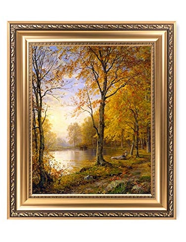 DECORARTS Indian Summer William Trost Richards Classic Art Giclee Print on Canvas with Matching Golden relief Framed Wall Art 16x20 Total with Framed Size 22x26