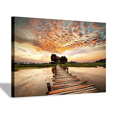 Hardy Gallery Lake Pier Canvas Wall Art Dock in Sunset Artwork Wooden Bridge Picture Boardwalk Painting for Office36x24x1 panel