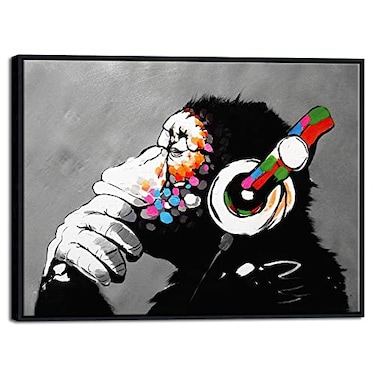 Wieco Art Large Black Framed Canvas Wall Art Banksy Graffiti Monkey with Headphones Abstract Canvas Prints Modern Framed Artwork for Living Room Office Home Wall Decor