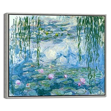 Wieco Art Framed Wall Art Water Lilies by Claude Monet Canvas Print Paintings Reproduction Modern Canvas Wall Art for Home and Office Decoration Abstract Artwork Silver Frame