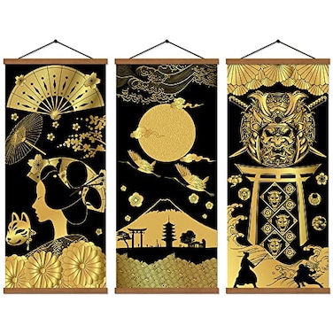 WEROUTE Warriors Dreams Canvas Wall Art Print Poster Armored Helmet Samurai spirit with Scroll Wood Framed Ready to Hanger Home Karate Hall Sushi Restaurant Decor 16x35 3PCS gold
