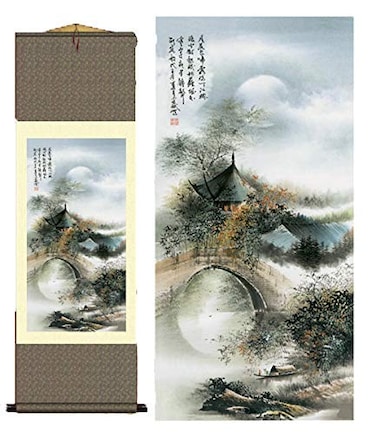 AtfArt Asian Wall Decor Beautiful Silk Scroll Painting of Waterfall River Landscape Oriental Decor Chinese Art Wall Scroll 362 x 12 in