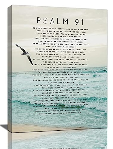 Tourrest Psalm 91 Wall Art Scripture Wall Decor Bible Verse Canvas Prints Christian Religous Framed Artwork for Bedroom Living Room Church 12x16